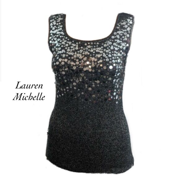 Lauren Michelle Black Silver Metallic Sequin Sleeveless Tank Blouse NWT Size S - Picture 1 of 7
